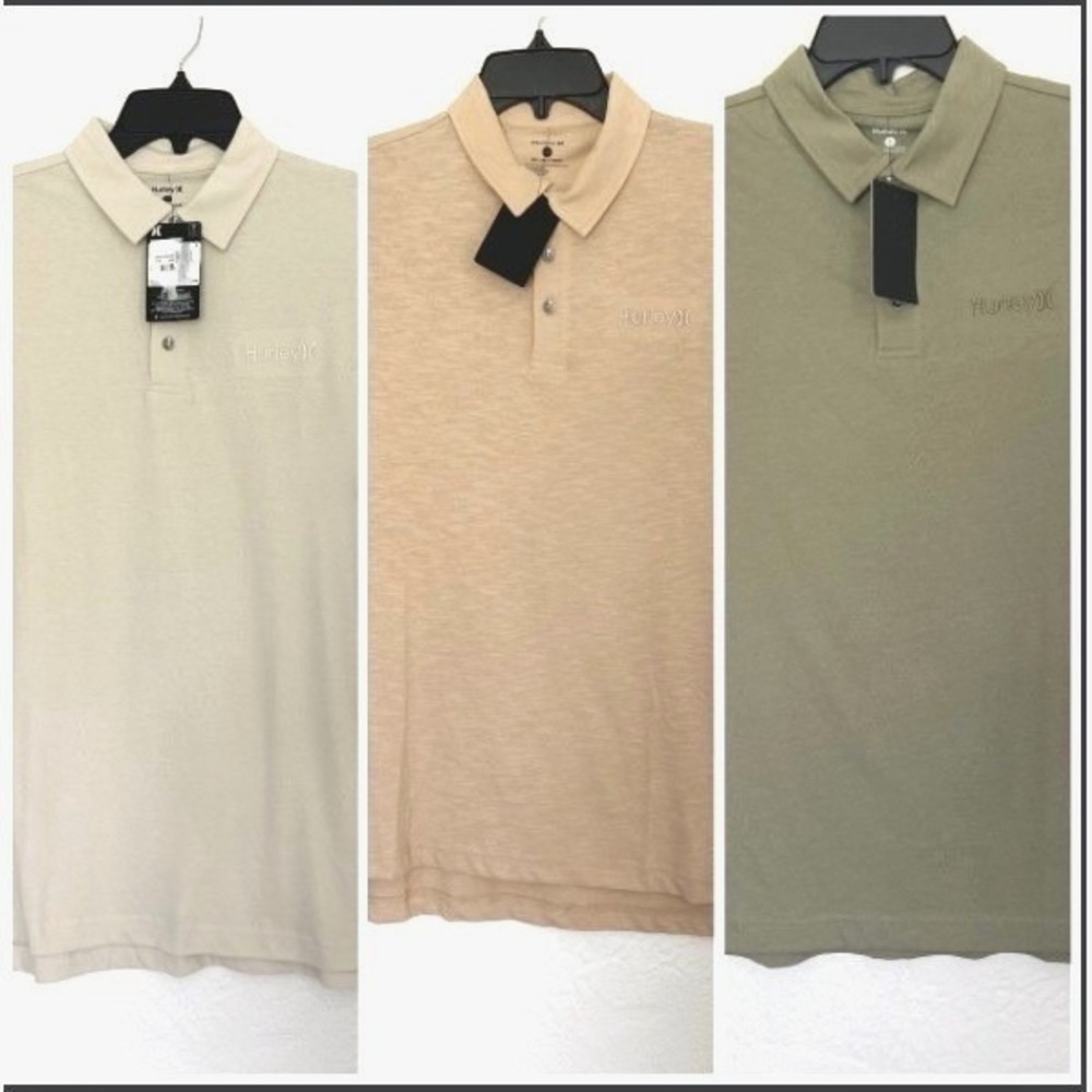 Lot of 3 Hurley Mens Short Sleeve Slub Knit Polo Shirt Beige Tan Olive S